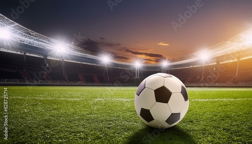 Modern soccer ball lying on green grass on stadium at night.