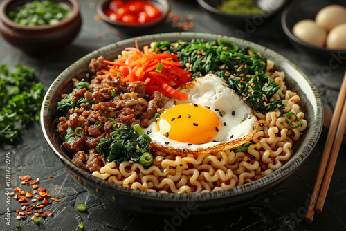 Asian street style dish. a large bowl of ramen with egg, meat, herbs and various toppings.