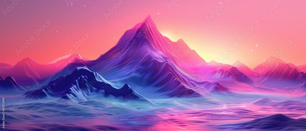 Synthwave landscape with mountains and stars in the sky