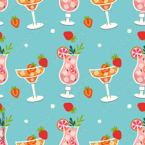 Seamless pattern with summer refreshing cocktails. Vector graphics.