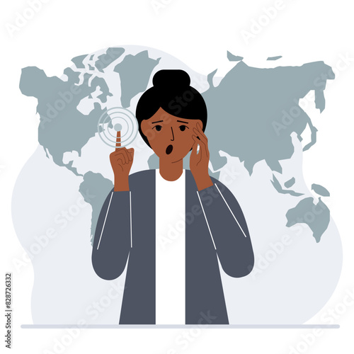 A woman presses his finger on a virtual map of the world. Future, cyber. Vector flat illustration