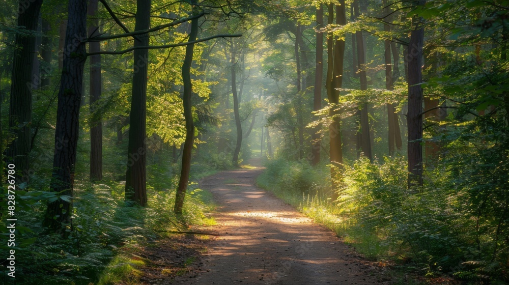 Fototapeta premium A serene forest path with sunlight filtering through the trees