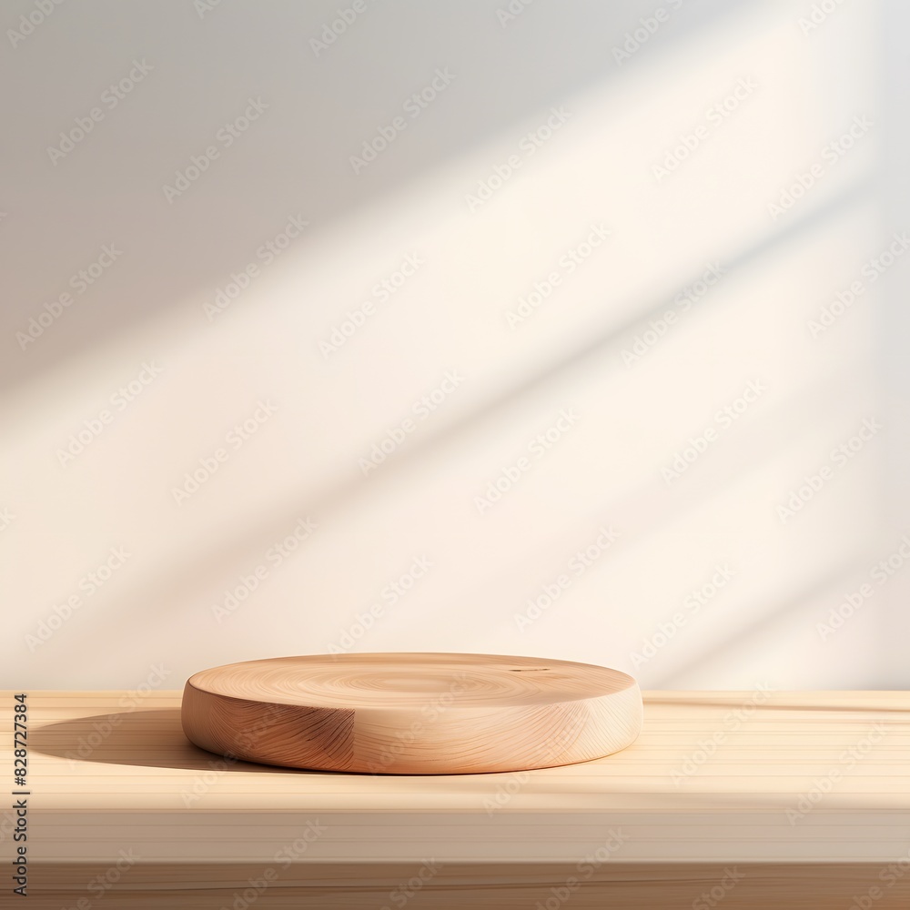 Wooden shelf with beige wall background. Closeup of minimalistic interior design. Generative AI. Wooden shelf with beige wall background. Closeup of minimalistic interior design. Generative AI.