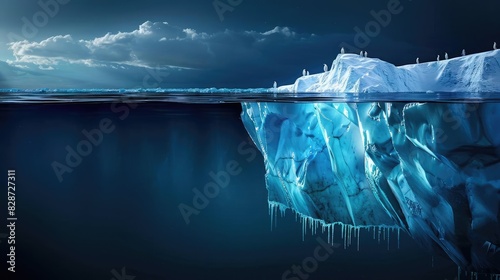 A stunning depiction of an iceberg above and below water, illustrating the unseen mass beneath the surface in crystal clear blue hues. photo