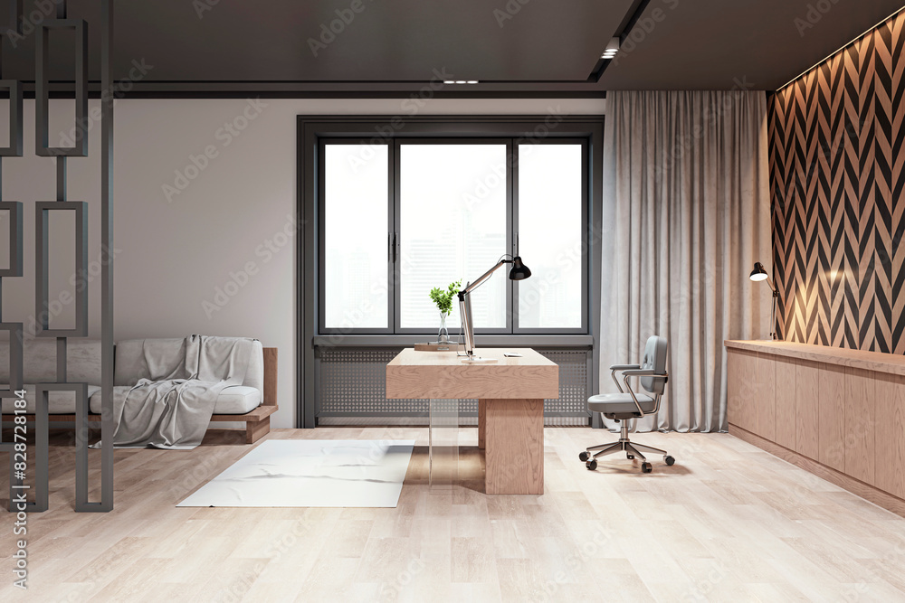 Modern office interior with desk, chair, and city view through the window, contemporary, urban background, concept of a workplace. 3D Rendering Modern office interior with desk, chair, and city view through the window, contemporary, urban background, concept of a workplace. 3D Rendering