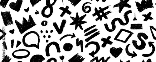 Charcoal graffiti doodle punk and girly shapes collection. Hand drawn abstract scribbles and squiggles, creative various shapes, pencil drawn icons. Scribbles, scrawls, stars, crown, curly lines.
