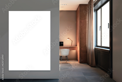 Empty poster frame in a modern office interior with a desk  chair  lamp  curtains  and window  concept of a workstation  isolated on a room background with natural light. 3D Rendering