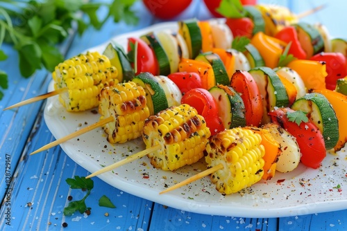 Fresh and Colorful Grilled Vegetable Skewers on Blue Wooden Planks