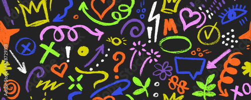 Vector seamless pattern  with colorful graffiti doodle punk and girly shapes  Hand drawn abstract scribbles and squiggles, creative various shapes, pencil drawn icons. Scribbles, scrawls, stars, crown