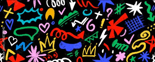 Vector seamless pattern  with colorful graffiti doodle punk and girly shapes  Hand drawn abstract scribbles and squiggles  creative various shapes  pencil drawn icons. Scribbles  scrawls  stars  crown