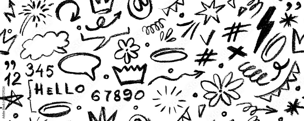 Vector seamless pattern with charcoal graffiti doodle punk and girly shapes Hand drawn abstract scribbles and squiggles, creative various shapes, pencil drawn icons. Vector seamless pattern with charcoal graffiti doodle punk and girly shapes Hand drawn abstract scribbles and squiggles, creative various shapes, pencil drawn icons.