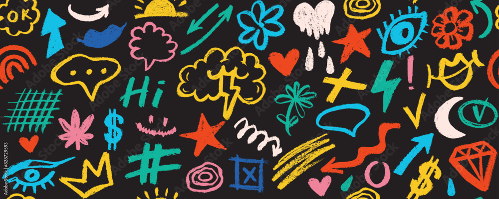 Fun colorful line doodle seamless pattern. Creative comic style art background, trendy design with scribble shapes on black backdrop. Fun colorful line doodle seamless pattern. Creative comic style art background, trendy design with scribble shapes on black backdrop.