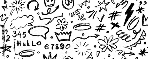 Vector seamless pattern  with charcoal graffiti doodle punk and girly shapes  Hand drawn abstract scribbles and squiggles, creative various shapes, pencil drawn icons. 