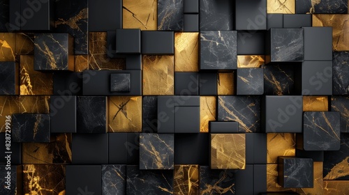 Abstract background with golden and black marble cubes
