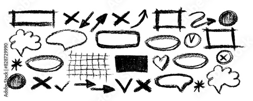 Black highlighter marker lines, scribble , rectangles and  oval frames, underline arrows, cross and check symbol. Highlighter oval frame and hand drawn doodles vector set