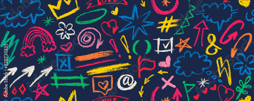 Multi colored charcoal pencil shapes and doodles seamless pattern. Hand drawn vector quirky shapes in punk or childish style. Naive playful abstract charcoal scribbles. Doodles and curved lines.