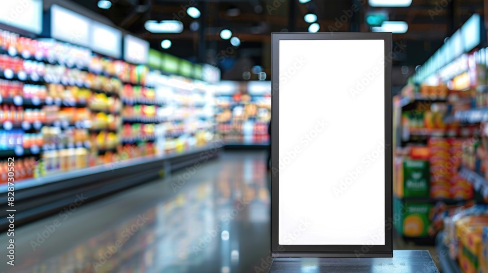 Blank Advertising Billboard in Supermarket Aisle with Illuminated Shelves Blank Advertising Billboard in Supermarket Aisle with Illuminated Shelves