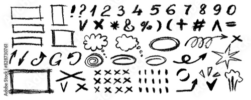 Black highlighter marker lines, scribble , rectangles and  oval frames, underline arrows, cross and check symbol. Highlighter oval frame and hand drawn doodles vector set.