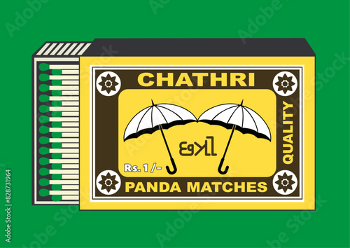 umbrella (chata) illustration in Matchbox and matches vector. Vintage and antique matchbox packaging design illustration. retro style packaging. old style design. open box and template