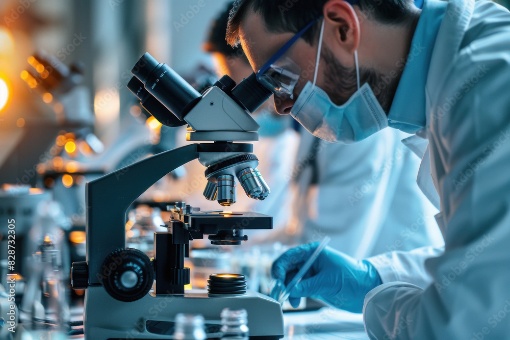Biological research team looking into the microscope Biological research team looking into the microscope