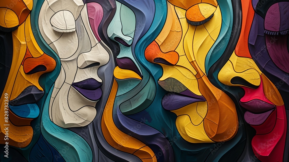 Obraz premium Dynamic face-off scene with faces of different abstract shapes and colors, creating a mysterious and engaging visual spectacle