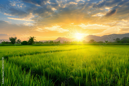 Lush green paddy field with golden sunrise