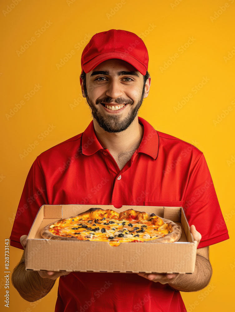 young delivery man holding pizza box on yellow background young delivery man holding pizza box on yellow background