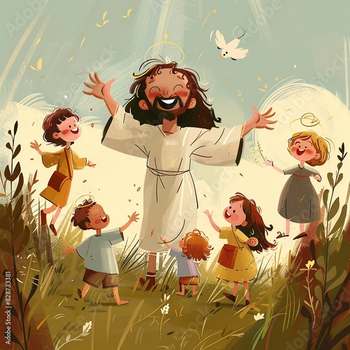 Jesus lovingly interacting with children. Ideal for themes of faith, love, and compassion in religious and inspirational designs.
