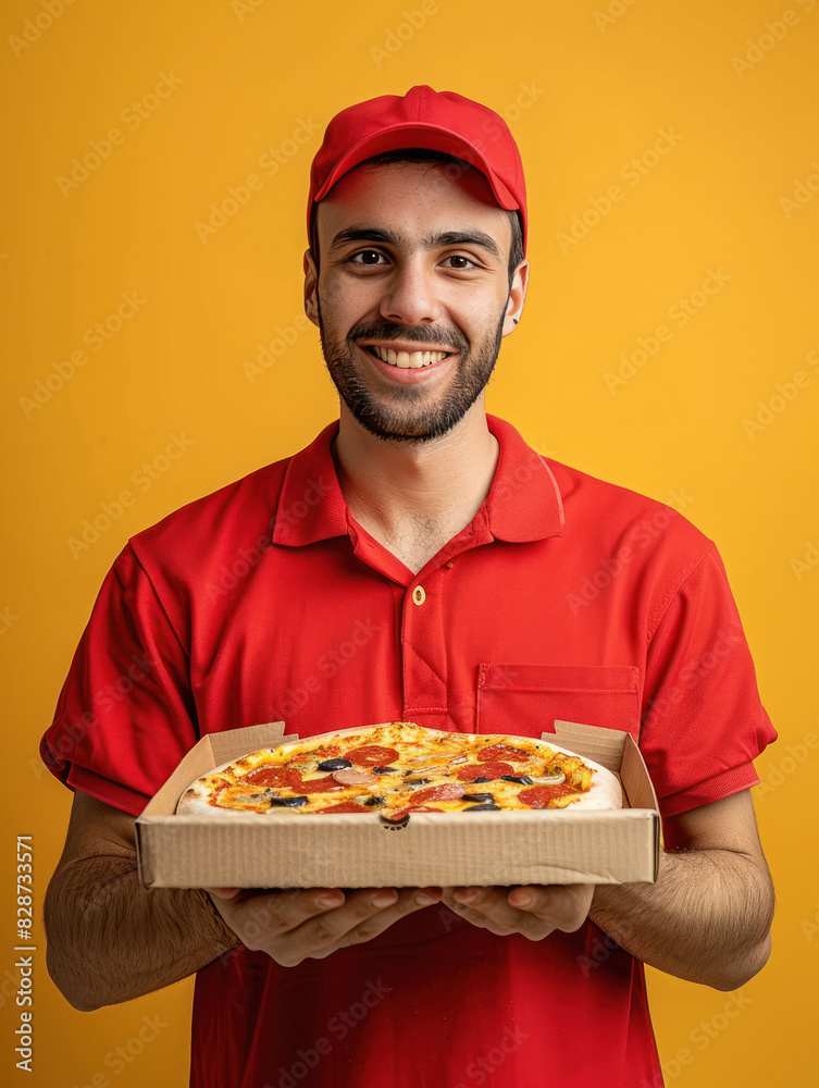 young delivery man holding pizza box on yellow background young delivery man holding pizza box on yellow background