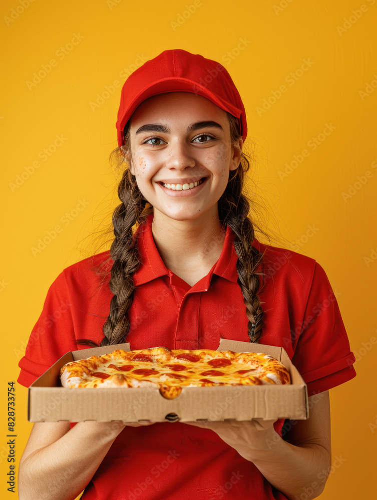 young beautiful delivery girl holding pizza box on yellow background young beautiful delivery girl holding pizza box on yellow background