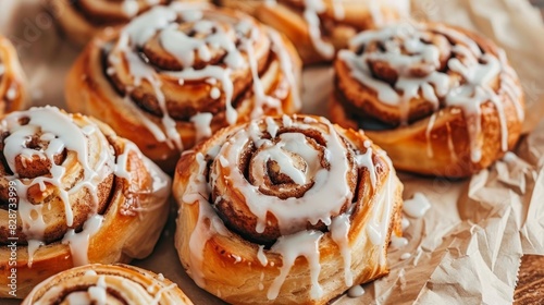 Close-up top view of cinnamon rolls with icing, on parchment paper, isolated background, ideal for food ads, studio lighting photo