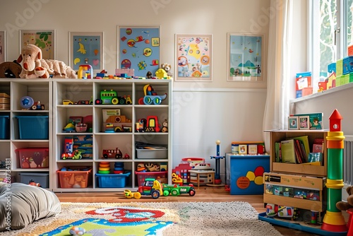 Neat and tidy childs playroom with toys, books, and play area for fun and learning © Mikki Orso