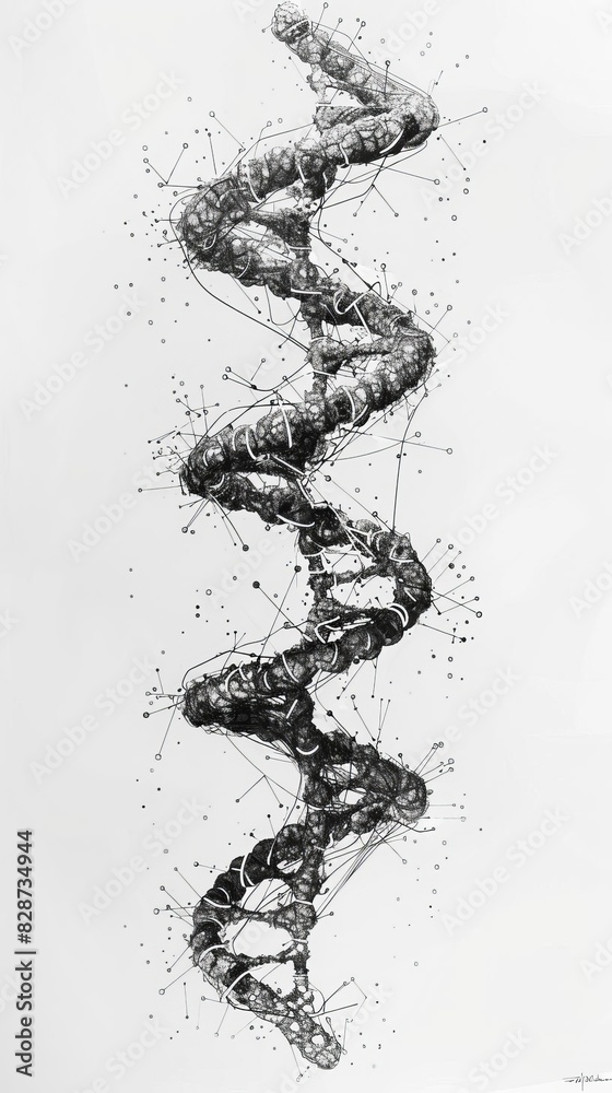 Obraz premium An elegant black and white illustration of a DNA double helix. The image is simple yet striking, and would make a great addition to any home or office.