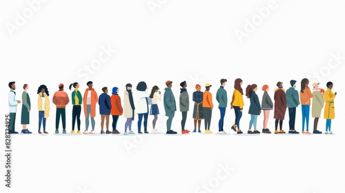 A large group of people are standing in a long line. Crowd. Sale, road, promotion concept. Vector illustration isolated on white background.