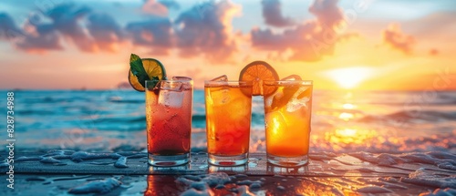 Three glasses of cocktails with the sunset in the background