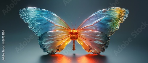 A butterfly with a red and orange wing is displayed on a dark background © AnuStudio