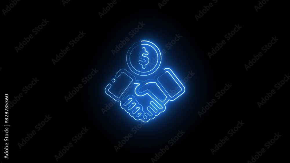 Neon handshake with dollar sign icon animation on black background. Neon handshake with dollar sign icon animation on black background.