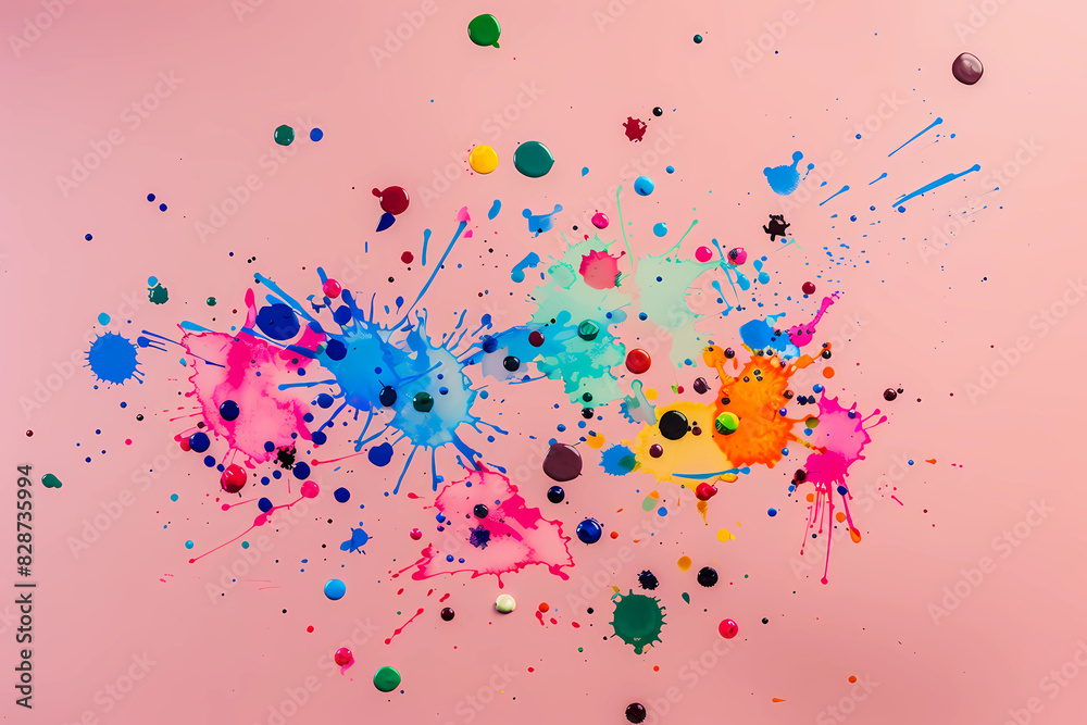 An explosion of vibrant and dynamic paint splatters dances across a soft pink canvas, each droplet telling a story of creativity and expression, adding a lively burst of energy to the space