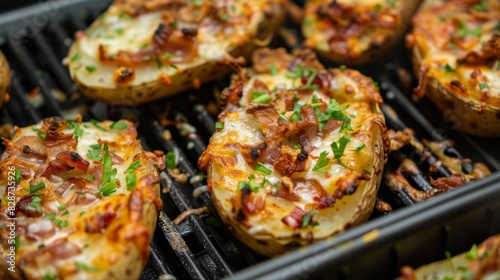 Cheesy and indulgent loaded potato skins cooking in the air fryer, toppings bubbling and melting