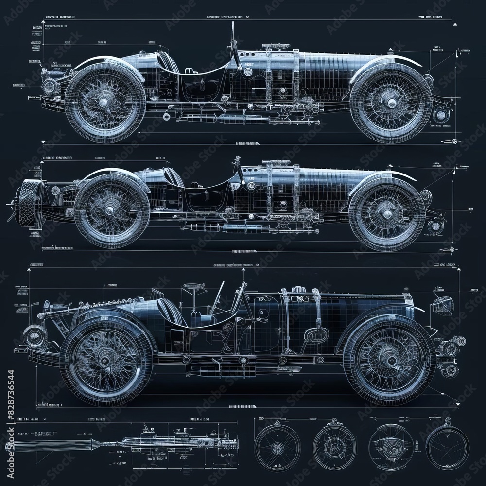 Detailed technical illustration of a vintage car with a cutaway view of ...