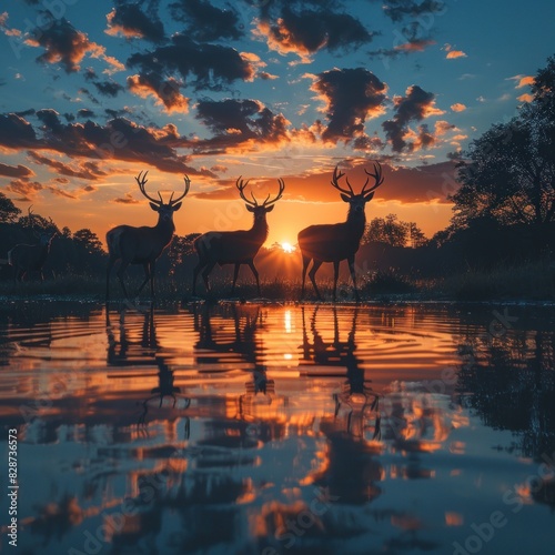A group of animals walk along the water s edge at dusk  their silhouettes reflected in the calm waters  with distant clouds adding depth to the scene.