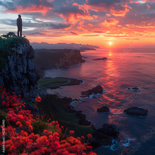 South Korean man practicing his photography skills capturing stunning sunrise views at Seongsan Ilchulbong Peak in Jeju Island photo