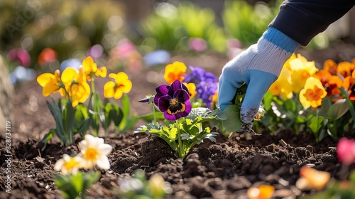 city gardener planting colorful spring flowers at municipal building urban beautification