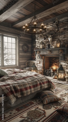 A rustic bedroom with a reclaimed wood bed frame, cozy flannel bedding, and a stone fireplace. The room is decorated with antler accents, vintage lanterns, and plush rugs, creating a warm and inviting © canada