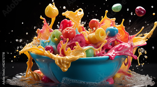 A corn flakes or cereal colorful tase splash photo