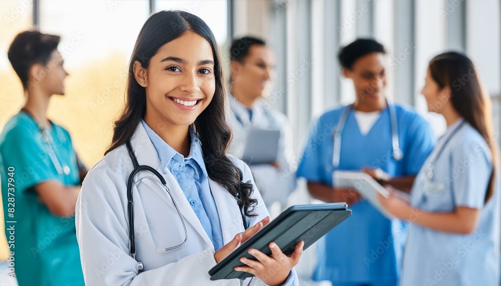 Portrait, girl doctor and tablet with team for collaboration on research project or clinical trial and hospital. Female neurosurgeon, digital technology and proud for progress of treatment Portrait, girl doctor and tablet with team for collaboration on research project or clinical trial and hospital. Female neurosurgeon, digital technology and proud for progress of treatment