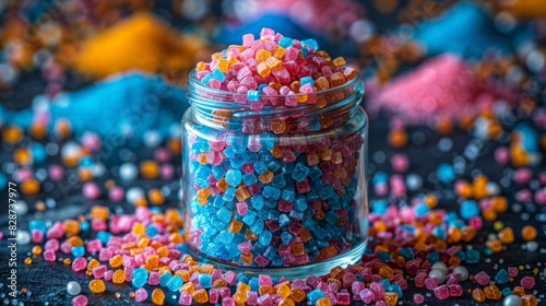 baking decorations, vibrant sugar pellets in a glass jar, sit on the kitchen counter, adding sweetness to desserts and serving as a colorful baking adornment photo