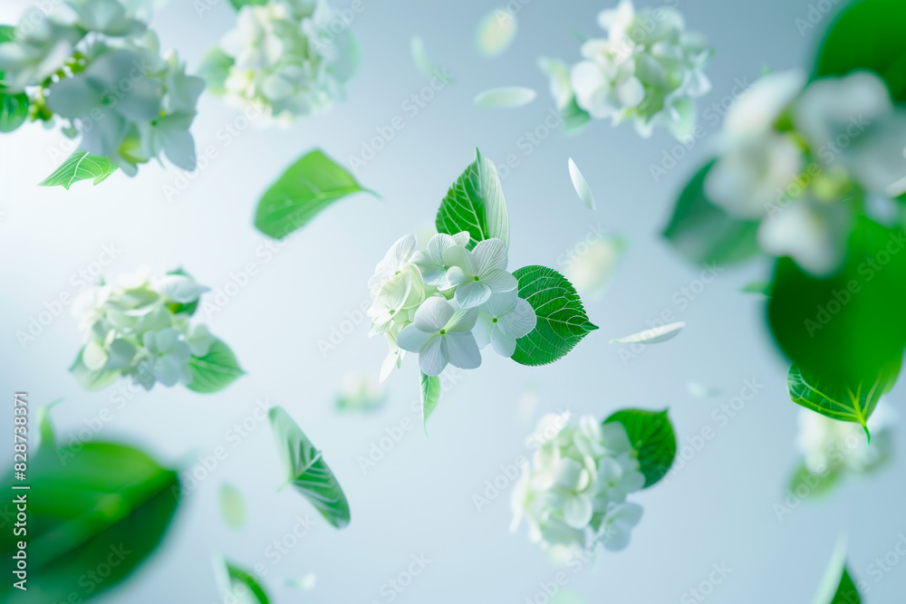 Fototapeta premium Light Blue Hydrangea Petals with Leaves