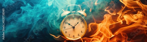 Alarm clock burning in fire, engulfed in flames focus on catastrophe whimsical Manipulation swirling smoke photo