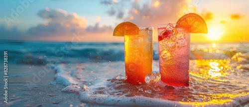 Two cocktails with orange slices sit on the beach at sunset.